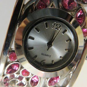 QUARTZ BRACELET WATCH/PINK RHINESTONES/SSTEEL